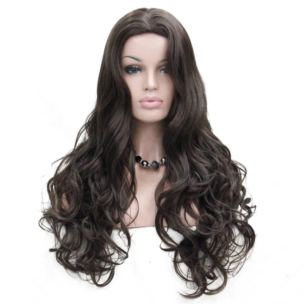 E-233 #8 new fashion sexy no bangs skin top 26 medium brown long wavy synthetic full wig (1)