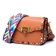 L7018 New Fashion Small Genuine Leather Lady Rivet bag First Layer Cowhide Worn Handbag Wide Straps Single Shoulder Bag