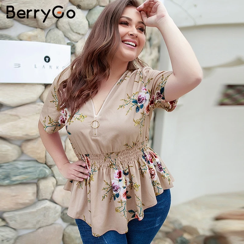 

BerryGo women blouse Bohemian floral print plus size shirt V-neck elastic high waist tops female Summer casual chiffon blouse