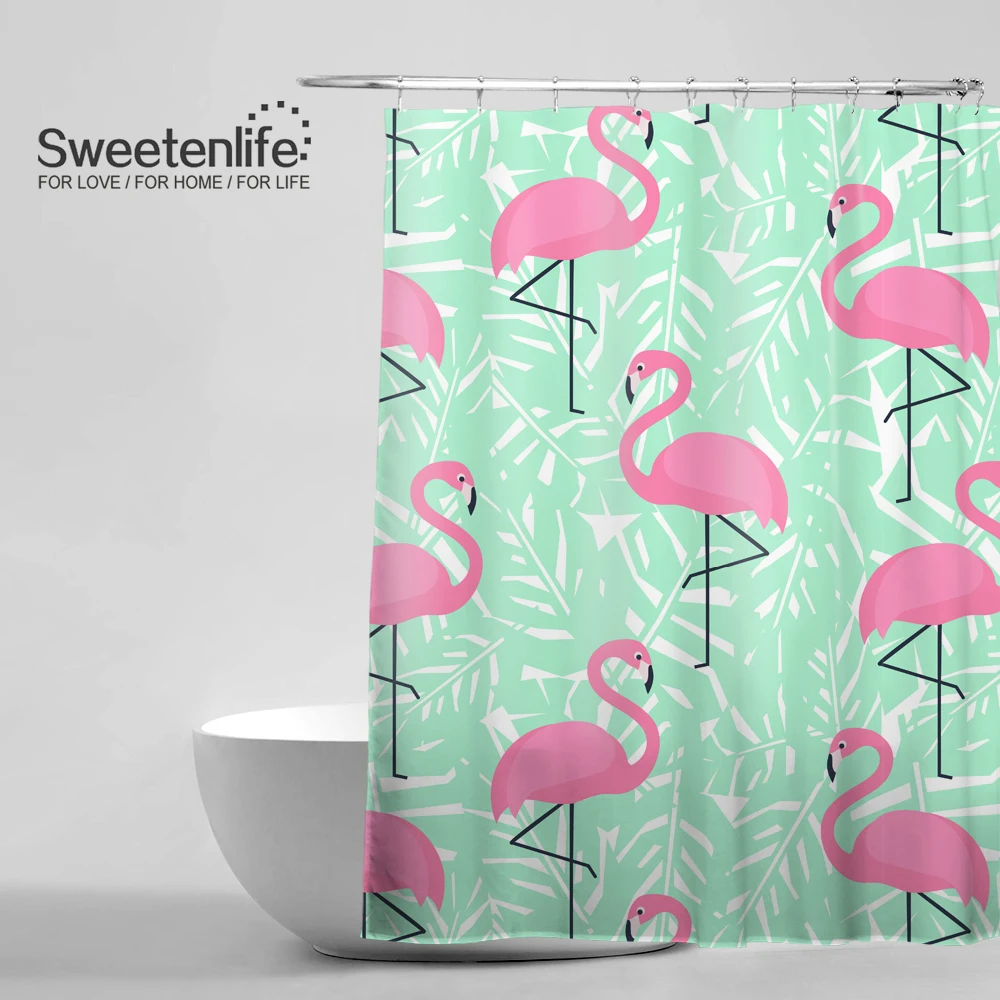 Tropical Trendy Pattern Shower Curtain Pink Flamingos Mint Green Palm