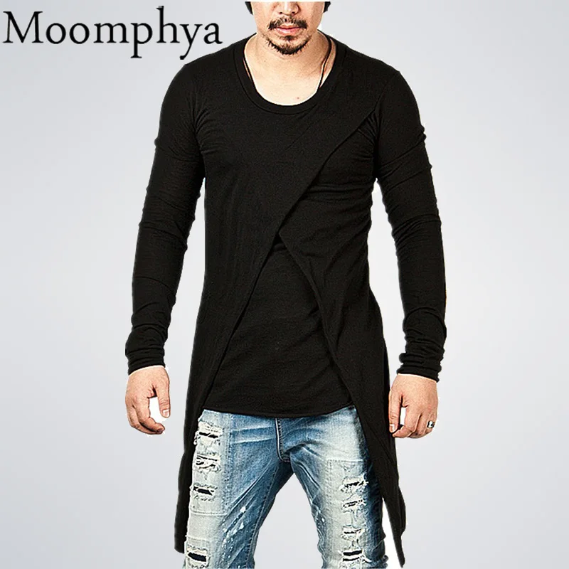 Moomphya/Для мужчин сзади удлиненный подол футболка Осень Длинные рукава в стиле хип