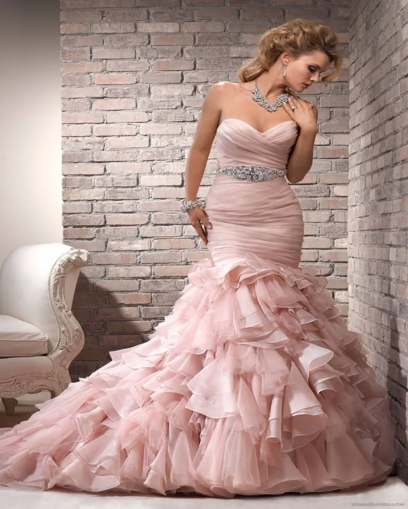 Wonderbaarlijk mode 2016 organza zeemeermin trouwjurk met lange licht roze tiered GK-12