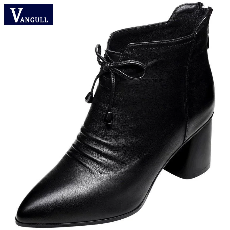 

VANGULL 2019 Spring autumn new high heels zipper lace-up casual pumps pointed toes square thick heels bow warm shoes women