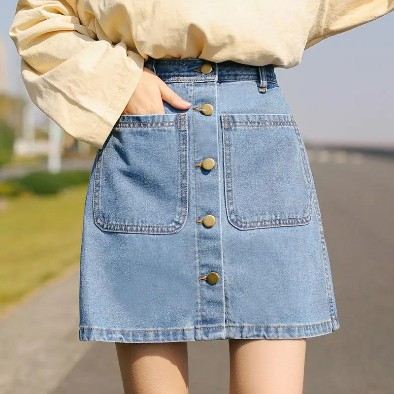 Джинсовая юбка с высокой талией А-силуэта мини-юбки женские 2019 лето новые кнопки Карманы синяя джинсовая юбка стиль Saia джинсы E3250