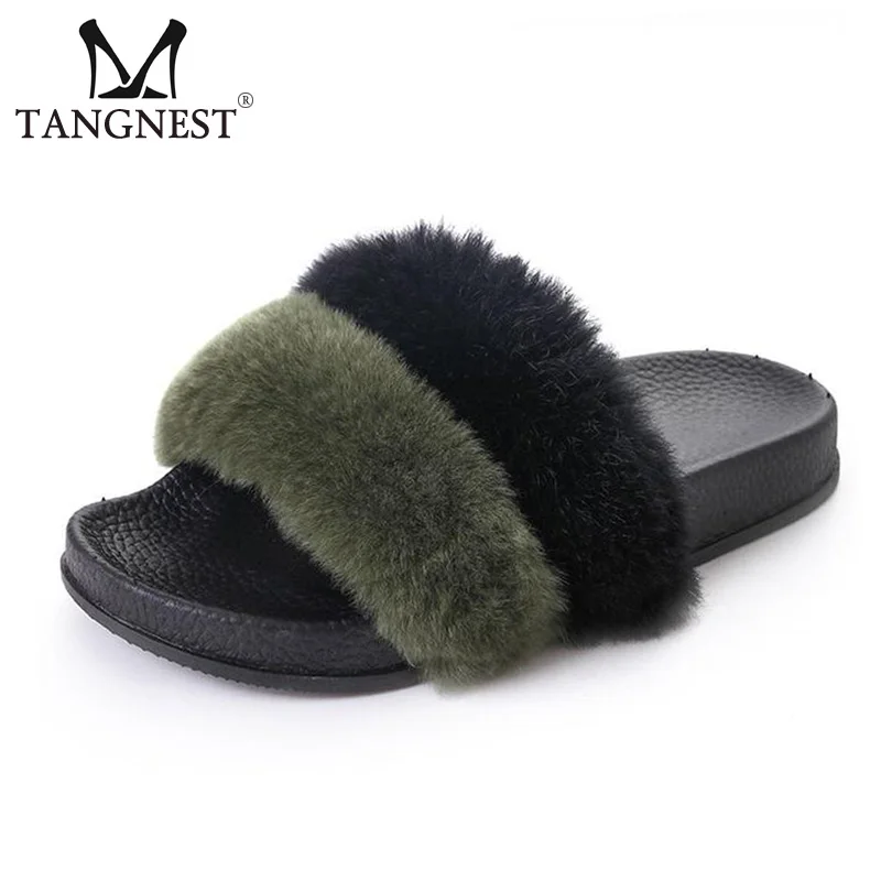 

Tangnest Beach Slippers Women Winter Mixed Color Fur Slides Casual Outside Slippers Shoes Woman Slip On Flats Size 36~42 XWT911