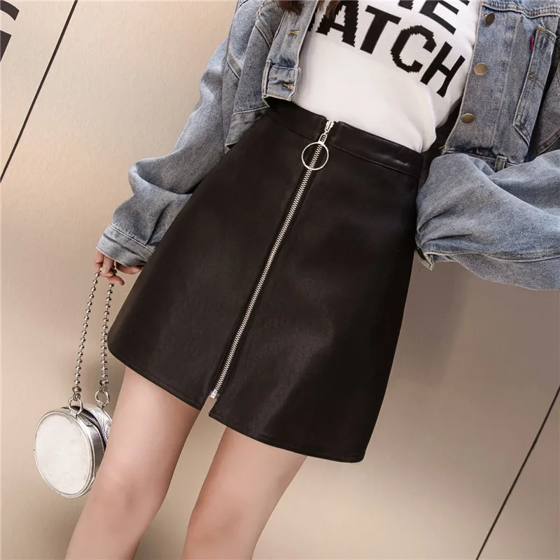 Neploe PU Leather Zipper Women Jupe Solid Faux Leather Vintage Mini Skirts Spring Autumn New Fashion Cool Girl Skirt 69617