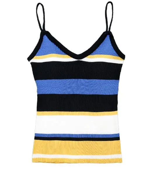 Продать молодые дамы короткие Полосатый Камзол Вязание Ribbed Crop Топы топы на бретельках Топ Цвет блок пикантные милые Быстрая