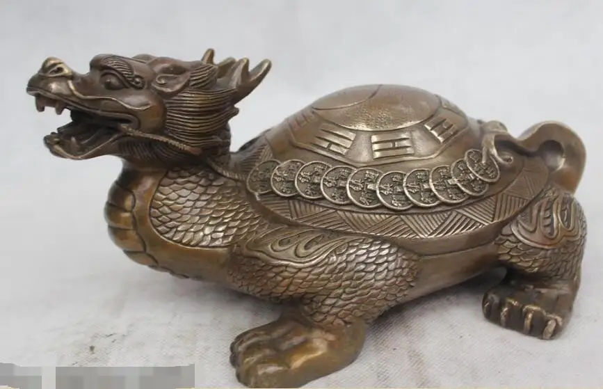 

S03819 5"Chinese Folk Pure Bronze excellent Lucky Money drawing Dragon Turtle Statue B0403