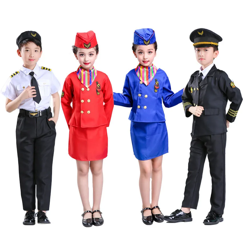 

90-160cm Children Air Force Uniform Airline Stewardess Cosplay Costumes for Girls Team Performance Pilot Cap Fancy Clothing