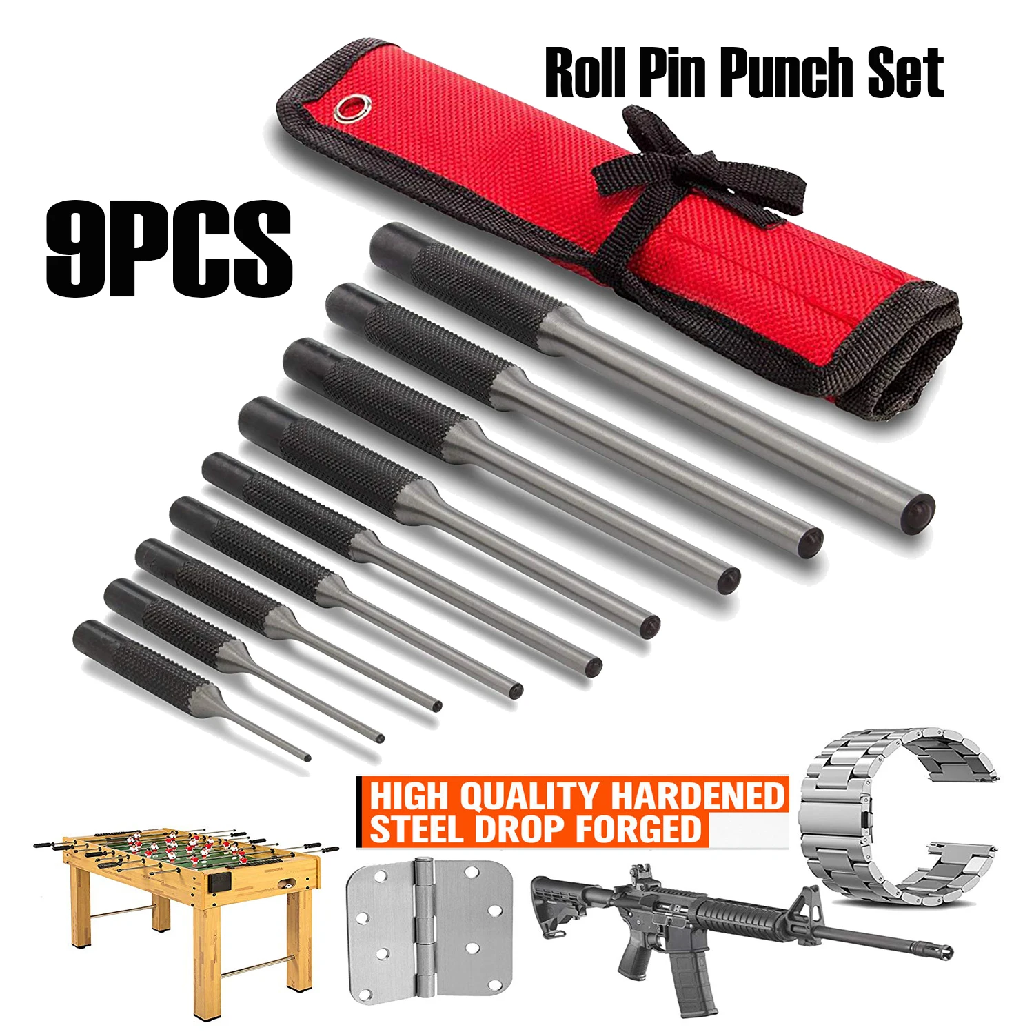 

9Pcs Professional Roll Pin Spring Punch Set Gun Bolt Catch Roll Up Case Pin Punch Tool Pins Grip Roll Pin Punch Tool Kit