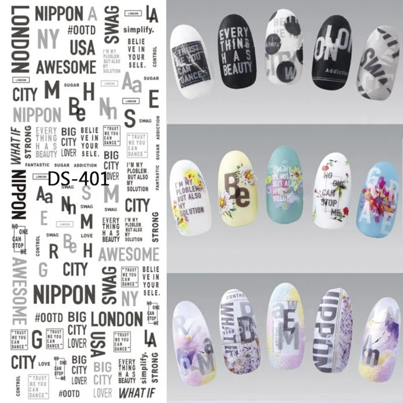 

1 Pc Colorful Flower Pattern Black Letter Stripe Watermark Large Sheet Decal Sticker DS-401-410 Japan Manicure Nail Sticker