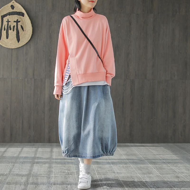 Spring Autumn Skirt Fashion Women Large size Denim skirt New Ladies Elastic Waist pocket Bleached Mori girl Casual Loose skirt