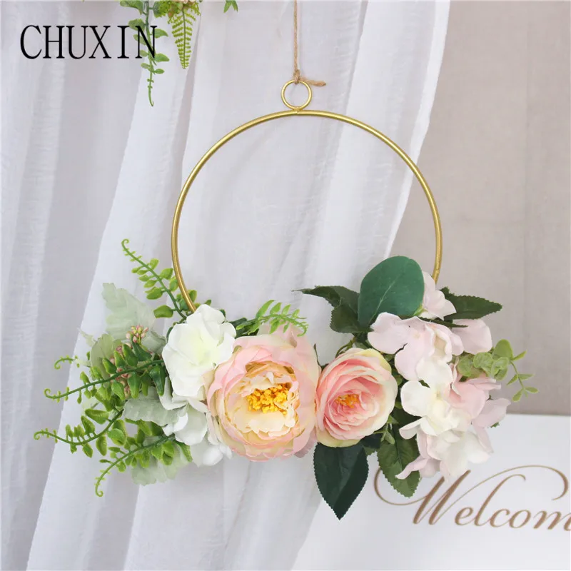 

Nordic Artificial Flower Iron Art Wall Hanging Garland Bracket Wedding Interior Creative Home Silk Flower Photography prop 1pc