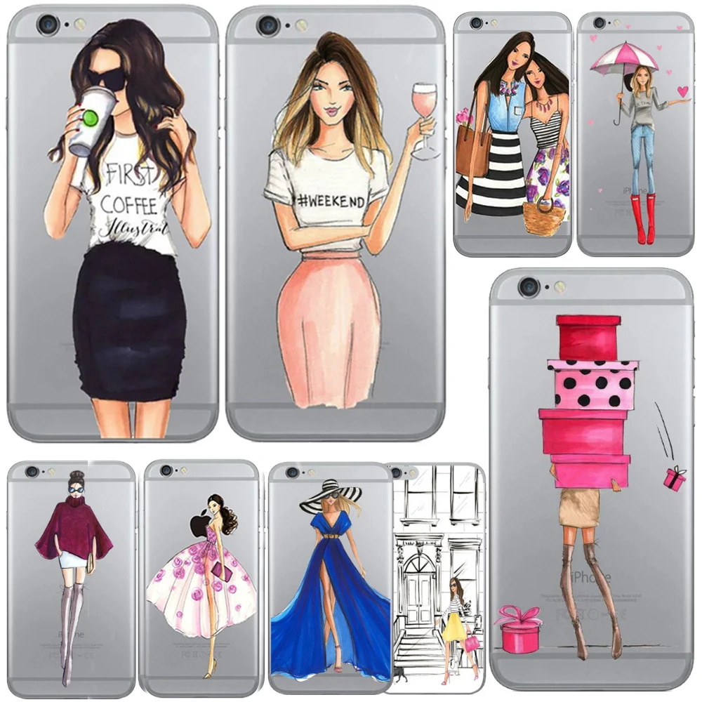 

i5 5S SE Beautiful Girl Phone Cases For iPhone 6 6s 4.7' / 6 6s Plus 5.5' drink coffee Design Fashion TPU Fundas Cover