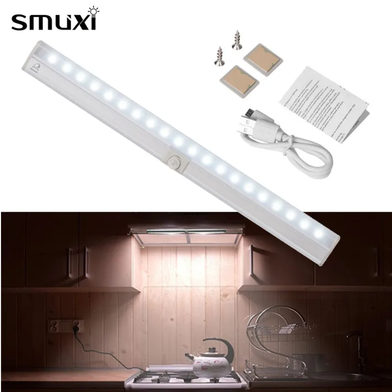 

Smuxi 20 LED USB Rechargeable Light Cabinet Closet Night Light Sensor PIR Mtion Indoor Lamp for Kitchen Stairs Wardrobe