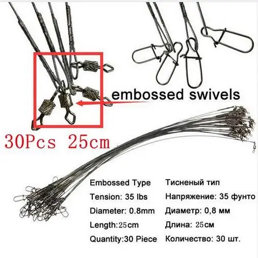 50 шт., 32 фунта, рыболовная леска, поводки из стальной проволоки, 17 см, 21 см, поворотное соединение, дуэт замок, защелкивающиеся рыболовные проволоки, поводки, рыболовные аксессуары - Цвет: 30pcs 25cm sliver
