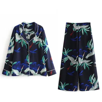 

Set Female Autumn Elegant Japanese Style Print Long sleeve Shirt Blouse + High Waist Wide Leg Pants Women Loose Two Piece Suit