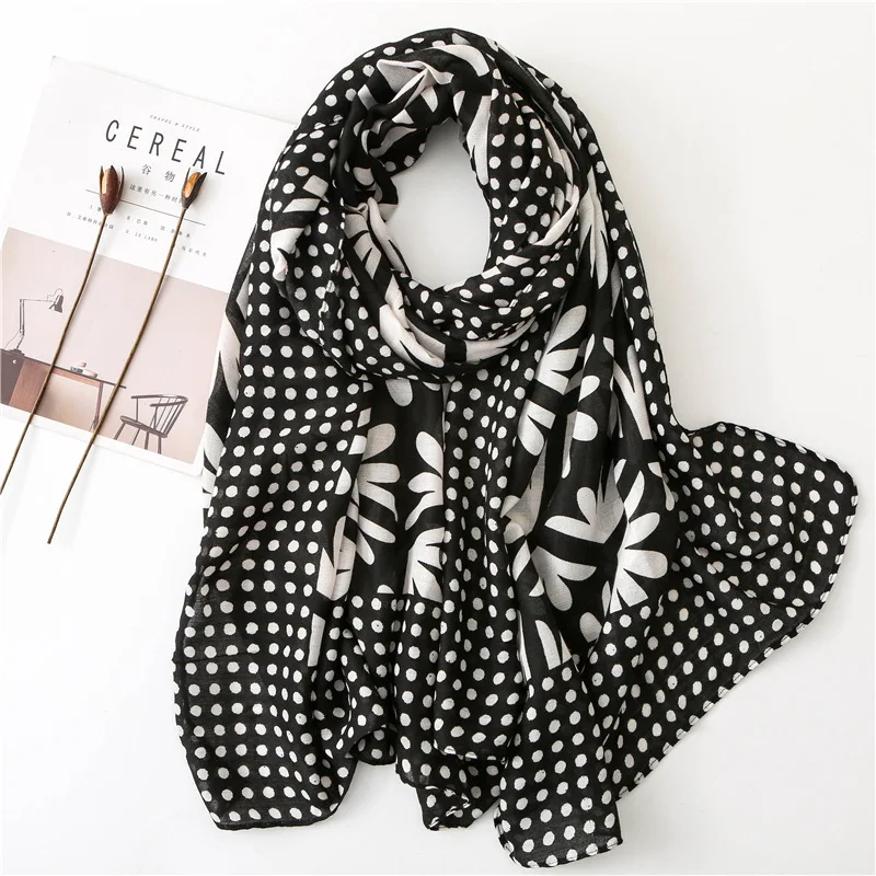 

Ladies Fashion Black White Dot Floral Viscose Shawl Scarf Autumn Ethnic Printe Muffler Headband Foulards Sjaal Wrap Hijab Snood