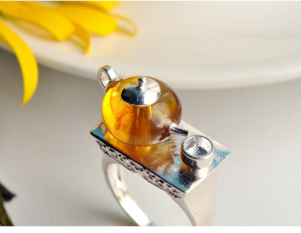 Lotus весело момент Настоящее стерлингового серебра 925 Натуральный камень ручной работы Модные украшения Винтаж CuteTeapot кольца для женщин