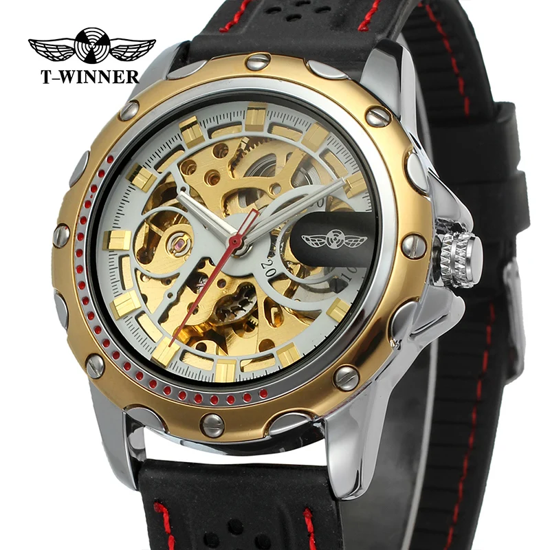 

Men's Luxury Brand Black Silicone Starp Mechanical Watch Gold Black Skeleton Dial Automatic Men Watches Casual Clock Wristwatch
