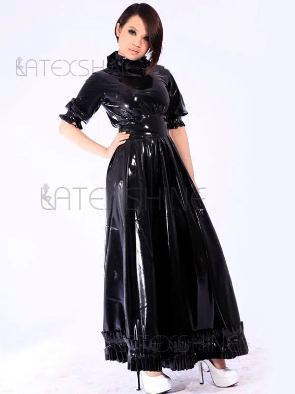 Vintage-Black-Short-Sleeve-Unisex-Latex-Exotic-Dress-with-Back-Zip-1