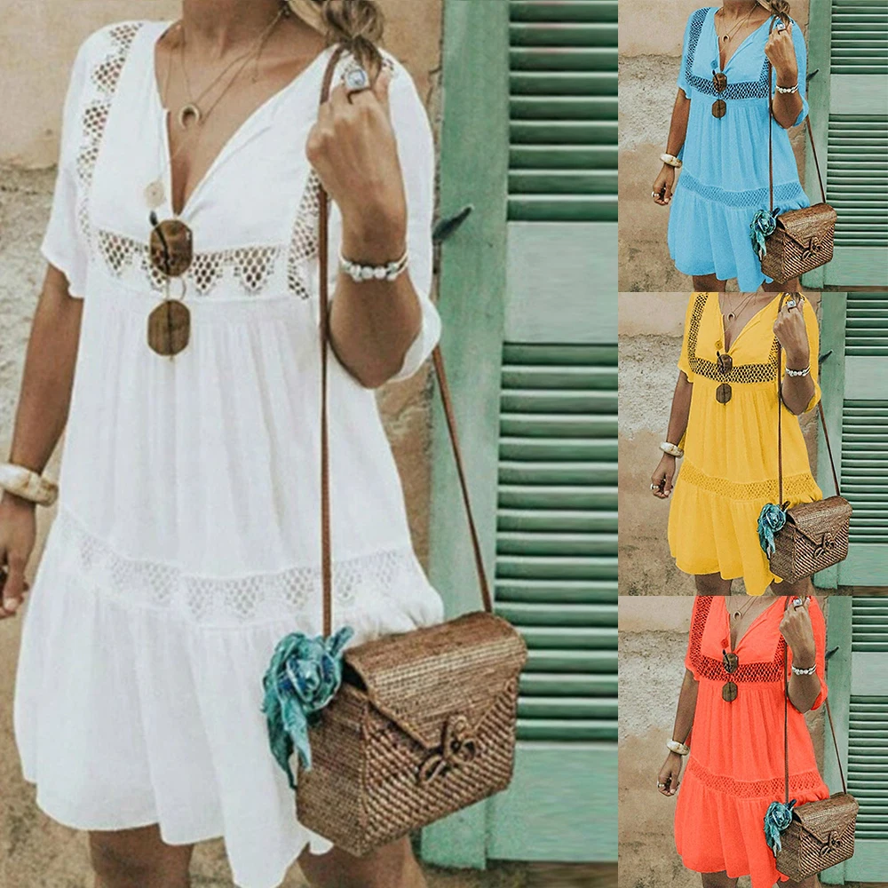 

HEFLASHOR Summer Solid Pleated Dress Women Short Sleeve V Neck Hollow Lace Ropa Mujer Sweet Loose Beach Dresses Ladies Dress