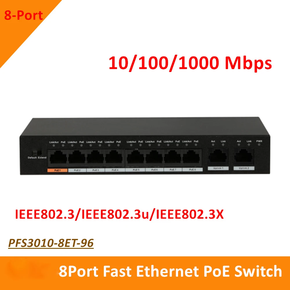 Оригинальный коммутатор Dahua 8 портов Fast Ethernet PoE 10/100/1000 Мбит/с PFS3010 8ET 96 поддержка