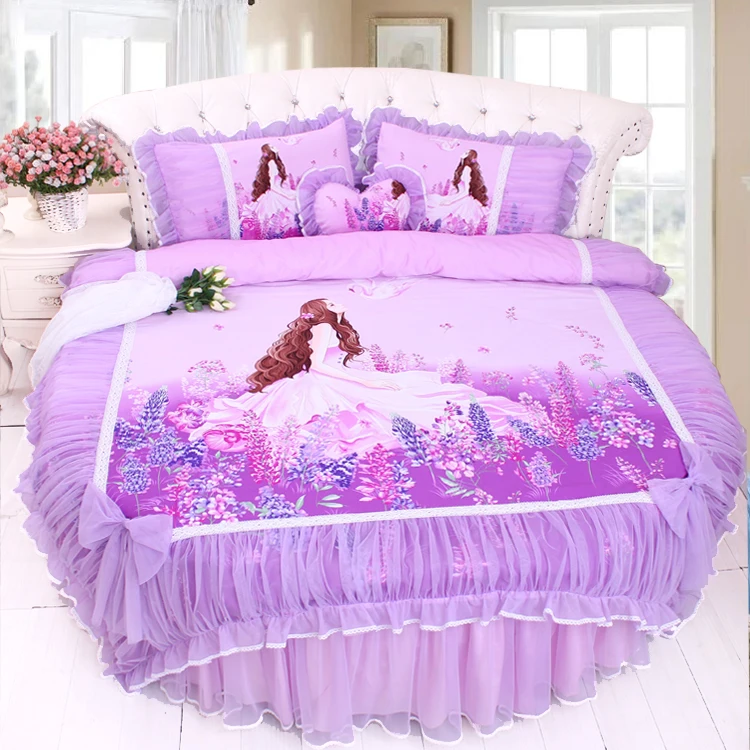 Discount LACE ROUND Corner Bed Europe Orange color Flower Bedding sets Cotton Round Double Bed sheet Duvet cover Pillow case Bedskirt 30