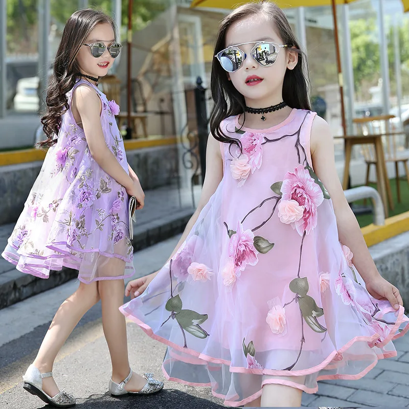 Solid Flowers Patterned Organza Dress Kids Girls Dresses 