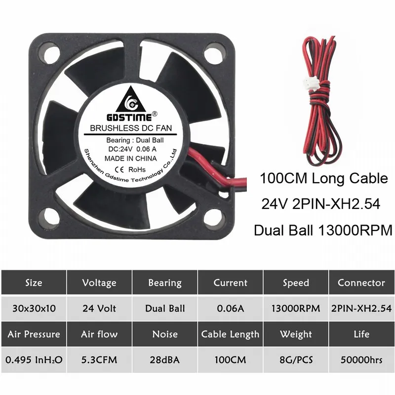 5 шт. Gdstime 3010 5 в 12 В 24 В 2Pin 3 см 30 мм 30x30x10 мм микро DC мини Бесщеточный кулер вентилятор охлаждения - Цвет лезвия: 24V Ball 100CM-Wire