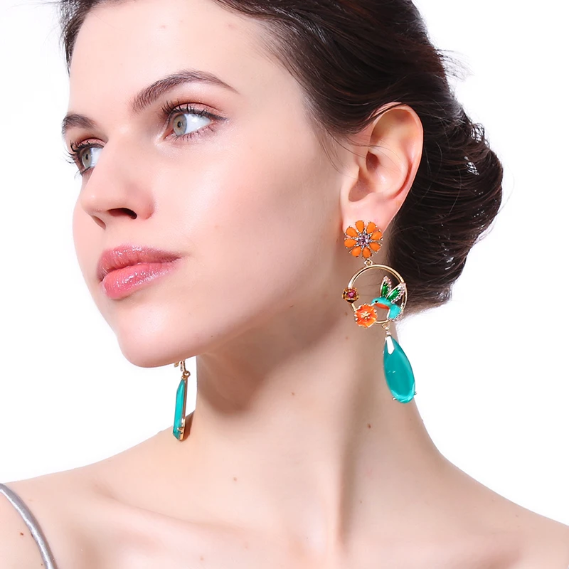 

Orange Flower Green Lovely Girls Crystal Enamel Multi Color Birds Drop Earrings Cute Blue Crystal Earring For Gift Jewelry