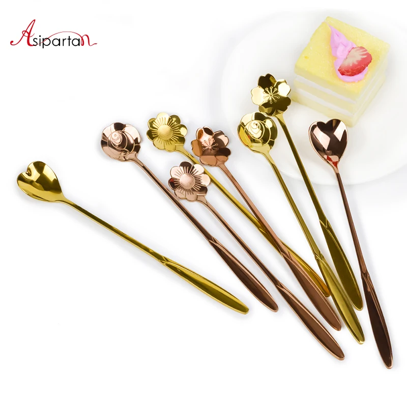 

Asipartan 4pcs/set Stainless Steel Long Handled Coffee Spoon Flowers Shaped Stirring Scoops Ice Cream Tea Dessert Cake Spoons