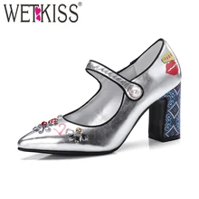 WETKISS 2018 Mary Jane High Heels Women Pumps Buckle Crystal Pointed Toe Square Toe Printing Crystal Footwear Spring Party Shoes