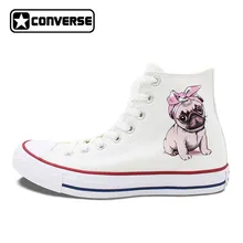 Оригинальный дизайн очаровательны мопс собака носить розовый бант с белыми точками высокое Топ Конверс Все звезды обувь Мужская холст кроссовки