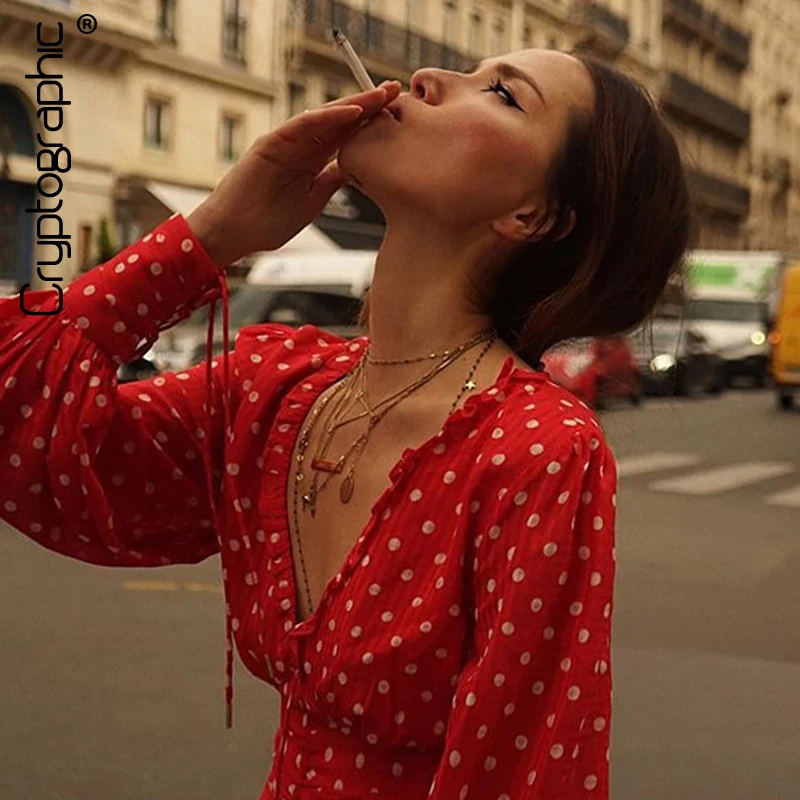 

Cryptographic Casual Polka Dot Drawstring Ruched Female Shirts Fashion Lantern Long Sleeve V-Neck Woman Blouses Autumn 2019