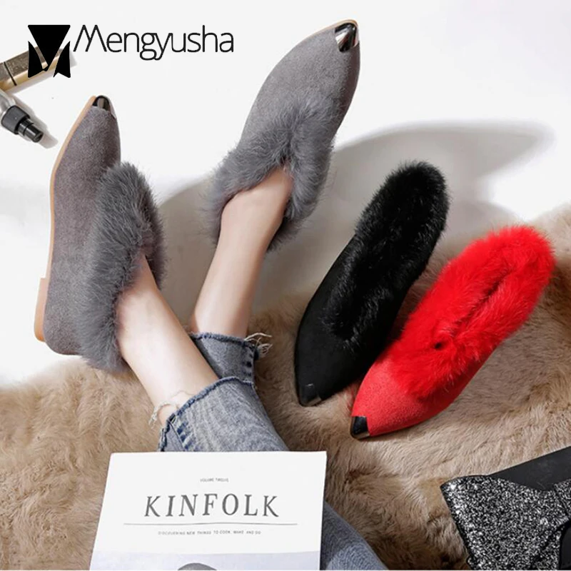 

Brand metal pointed toe fur ankle boots women flats bottom solid creepers female winter plush short booties ladies shoes botas