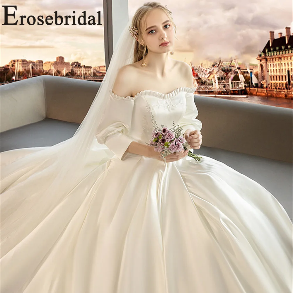 Erosebridal Новое поступление винтажное свадебное платье длинное 2019 вырез лодочкой воротник свадебное платье атласное женское платье невесты