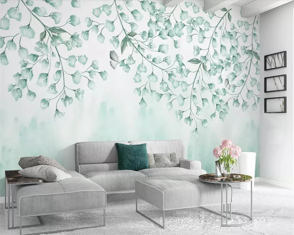 

beibehang Custom wallpaper fresh green leaves watercolor style Nordic minimalist TV background wall 3d wallpaper home decoration
