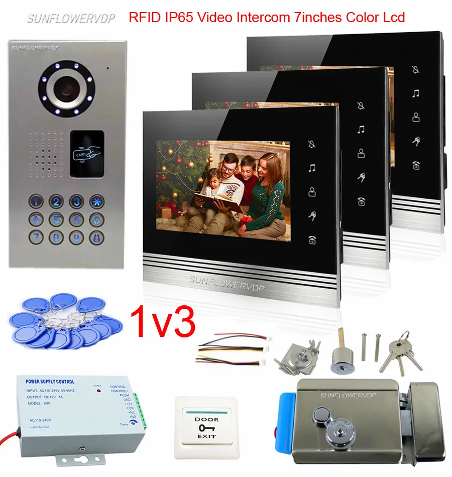 3 квартиры домашнее видео дверь домофон проводной RFID дом, домофон IP65 Водонепроницаемый Дверные звонки Комплект 7 "Touch Пуговицы Мониторы +