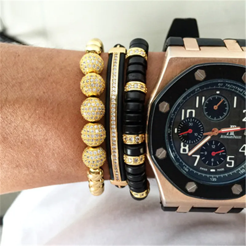 Mcllroy & Bangles Braiding Macrame Men Bracelets Pave Black 8mm CZ Ball Connector Jewelry & 6mm Titanium Steel Bracelets