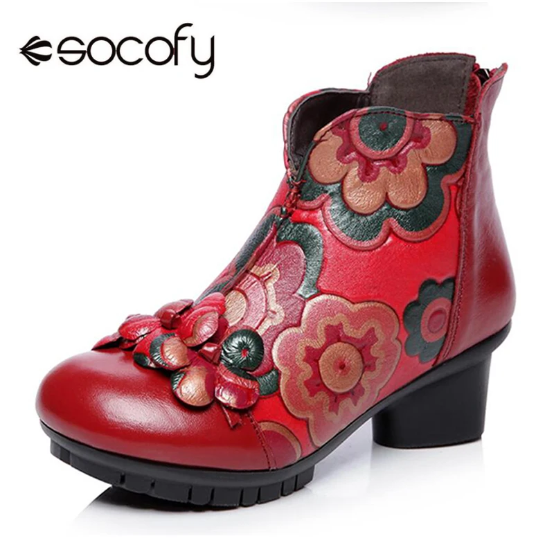 

Socofy Genuine Leather Vintage Ankle Boots Women Autumn Winter Shoes Woman Zipper Retro Flower Low Block Heels Women Boots Botas