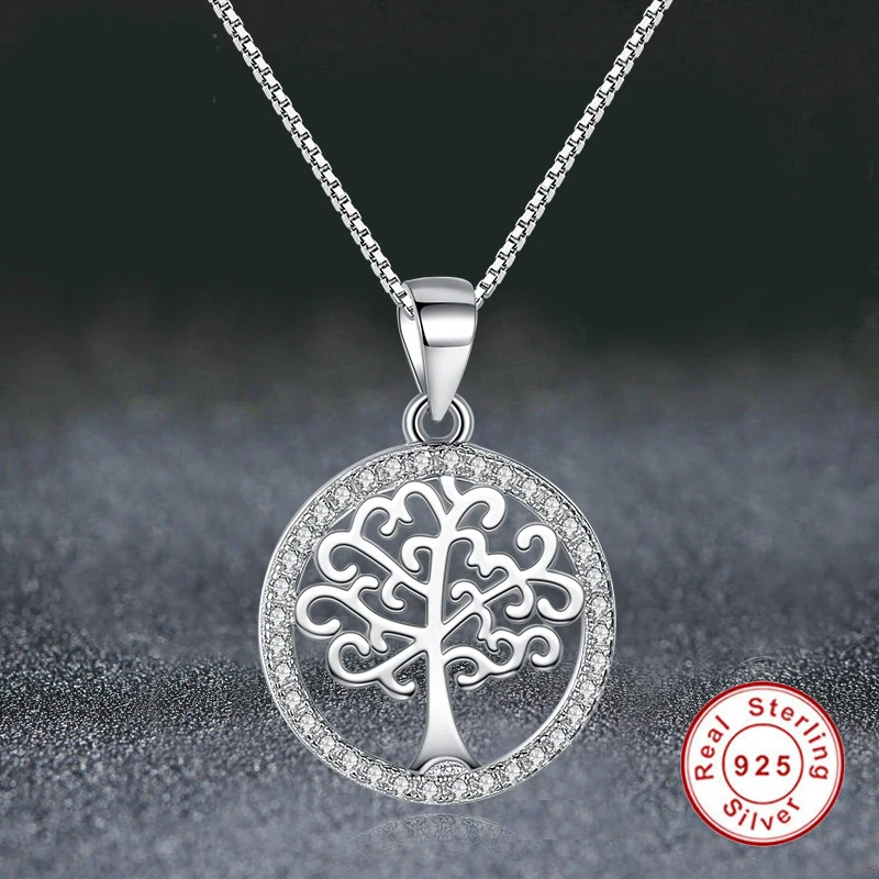 ELESHE Austrian Crystal Eternal tree of life Pendant Necklace 925 Sterling Silver Locket Round Necklace Pendant for Women Girl