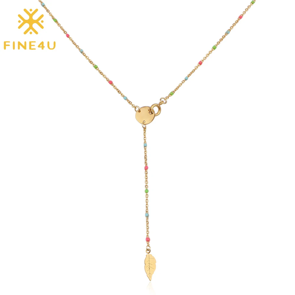 

FINE4U N207 Leaf Coin Pendants Necklace For Women Stainless Steel Chain Rosary Beads Necklace Bohemia Jewelry Dropshipping