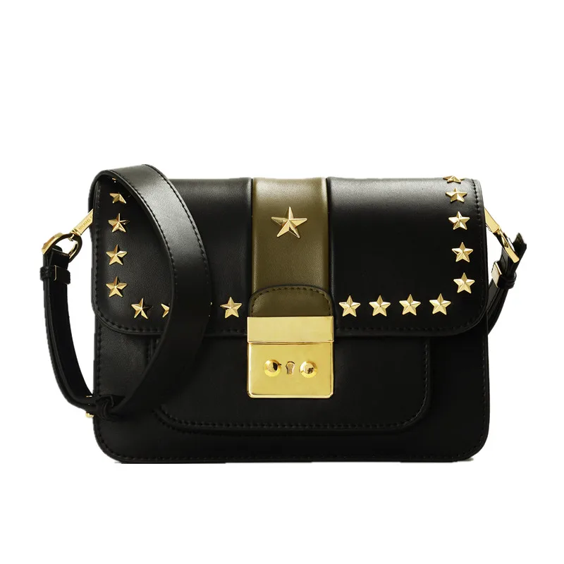 

Luxury Brand Women Genuine Leather Crossbody Bag Girl's Rivet Pentacle High Quality Wide Straps Small Shoulder Bag Messenger B