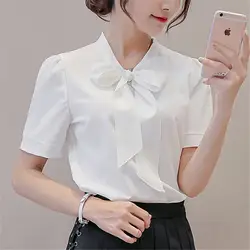 Новая летняя блузка для женщин короткий рукав лук рубашки для мальчиков Мода Досуг шифоновая Elegnat корейский офисные женские туфли розовы