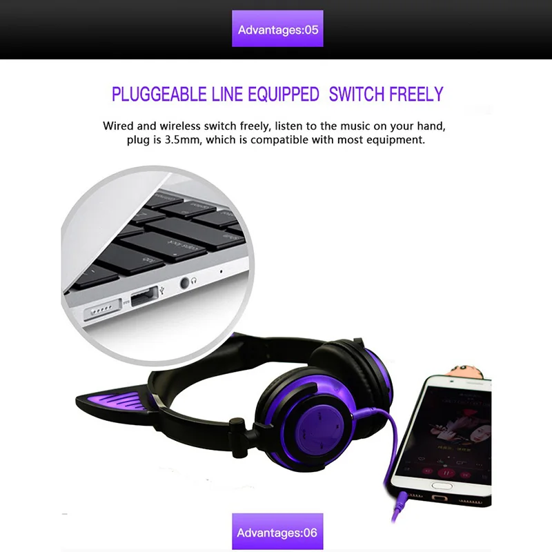 Teamyo Bluetooth Headphones Cat Ear Wireless Earphone microphone Flashing Glowing Headset With LED Light For PC Laptop Adult Kid