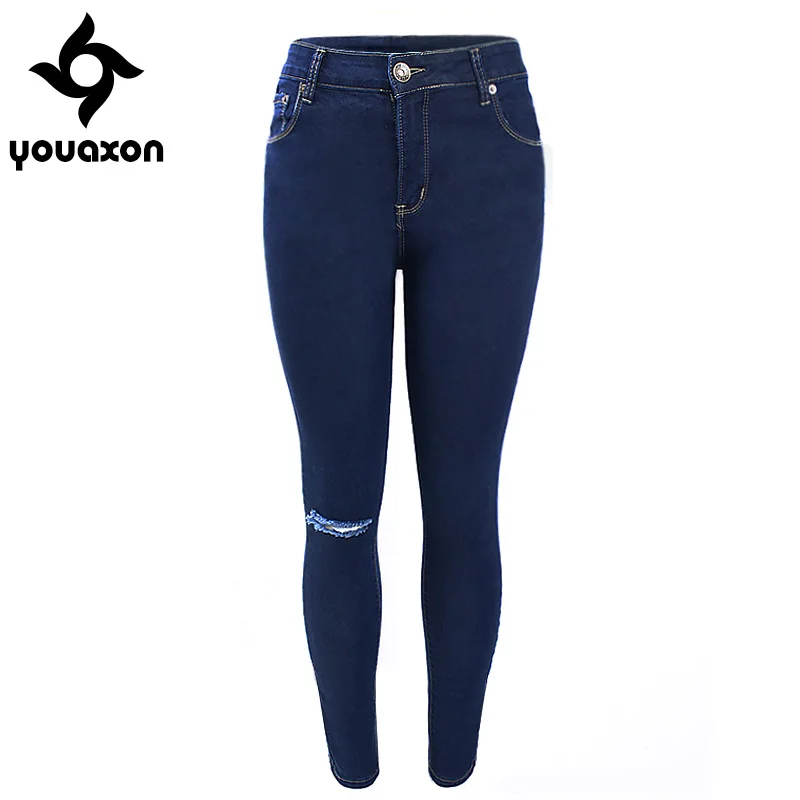 1883 Youaxon женские рваные темно-синие облегающие джинсы с высокой талией, брюки для женщин - Цвет: as picture