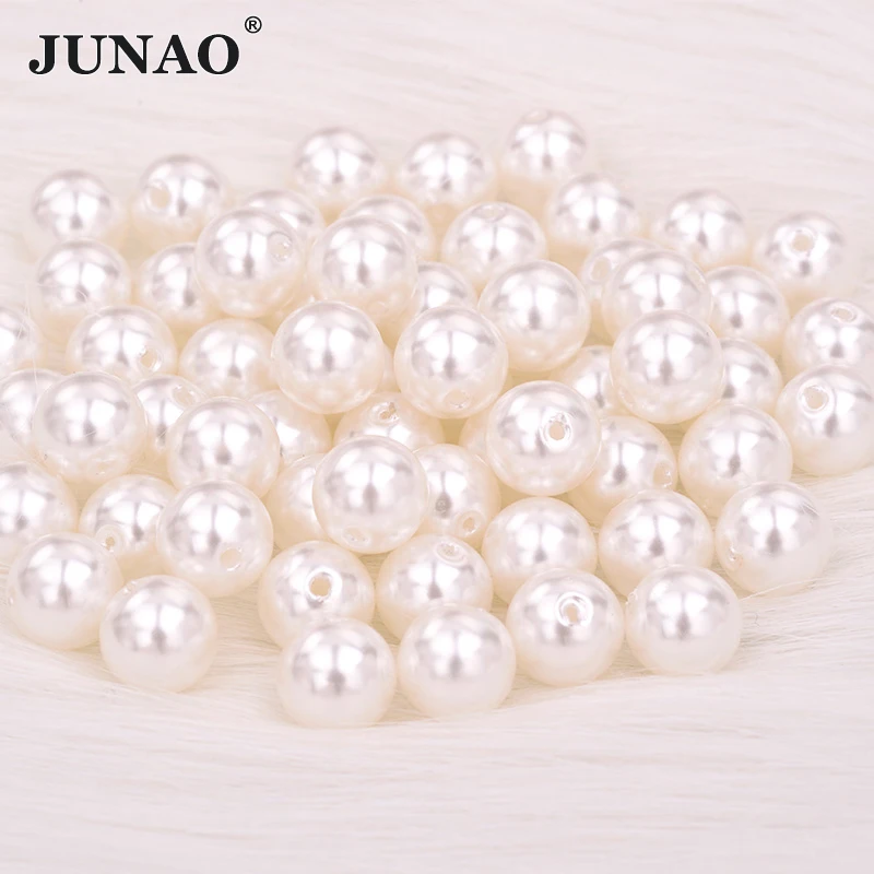 White JUNAO 3 4 6 8 10 12 14 16 18 20 25 мм бежевый белый жемчуг для шитья пластиковые бусины Круглый бисер для одежды для изготовления ювелирных изделий Рукоделие - Цвет: White