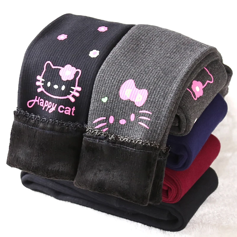 

2018 Winter Girl Leggings Thicken Cartton Cute Kitty Girls Warm Pants for Children Clothing Princess Plus Velvet thermal Leggins