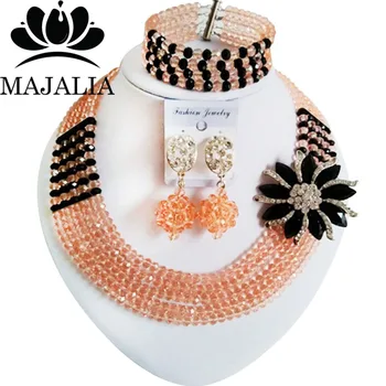 

Majalia Classic Nigerian Wedding African Jewelery Set Peach and Black Crystal Necklace Bride Jewelry Sets Free Shipping 5XC028